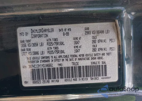 2000 Dodge Ram 1500 St z USA, uszkodzony, nr VIN 3B7HC13Y1YG106661